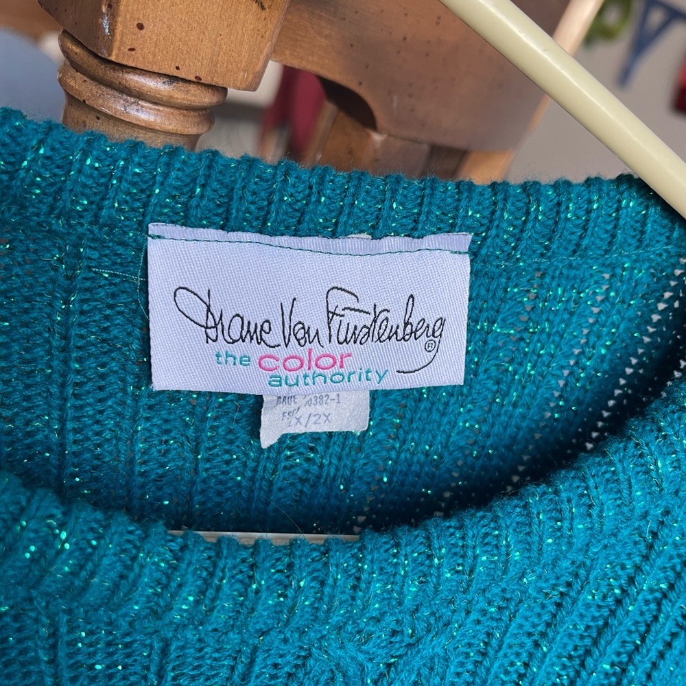 Diane Von Furstenberg DVF Teal Metallic Cable Knit Sweater Lurex Plus Size 1X 2X - Picture 5 of 8